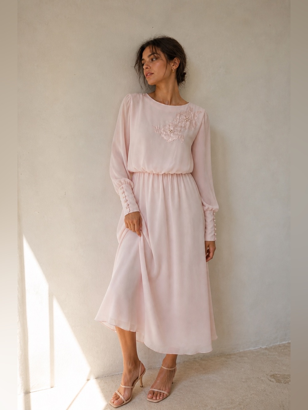 Vintage 80s Ursula of Switzerland Pink Chiffon Midi Dress Pearl Cuffs Romantic